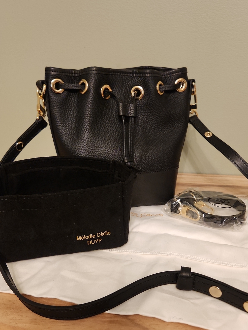 Melodie Cecile Black Pebbled Leather Drawstring Crossbody